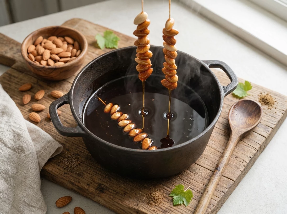 Strings of almonds being dipped into a pot of simmering dark grape must on the stovetop, syrup dripping