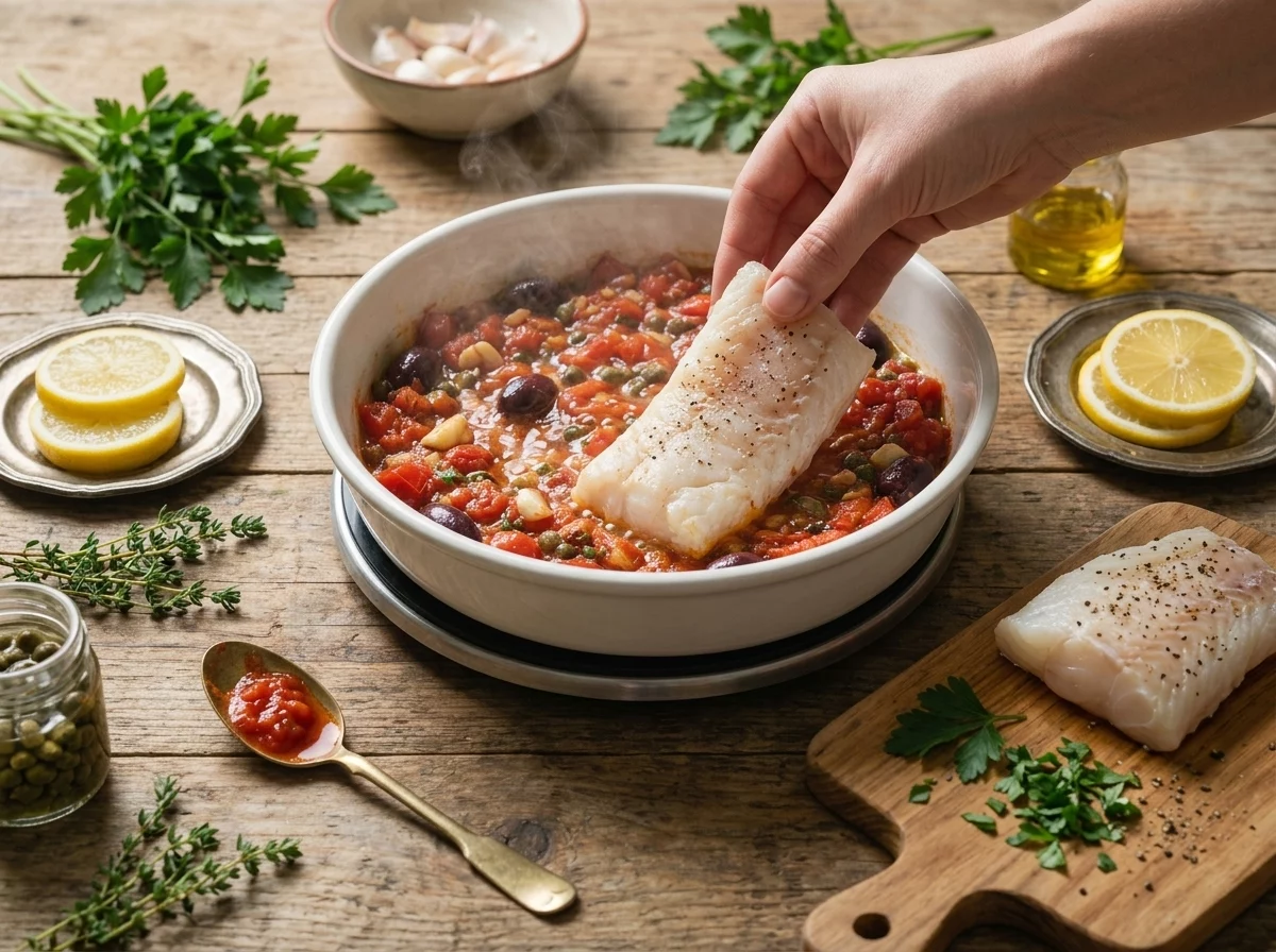 Cherry tomatoes, capers, and olives roasting in a baking dish before cod fillets are added in for baking