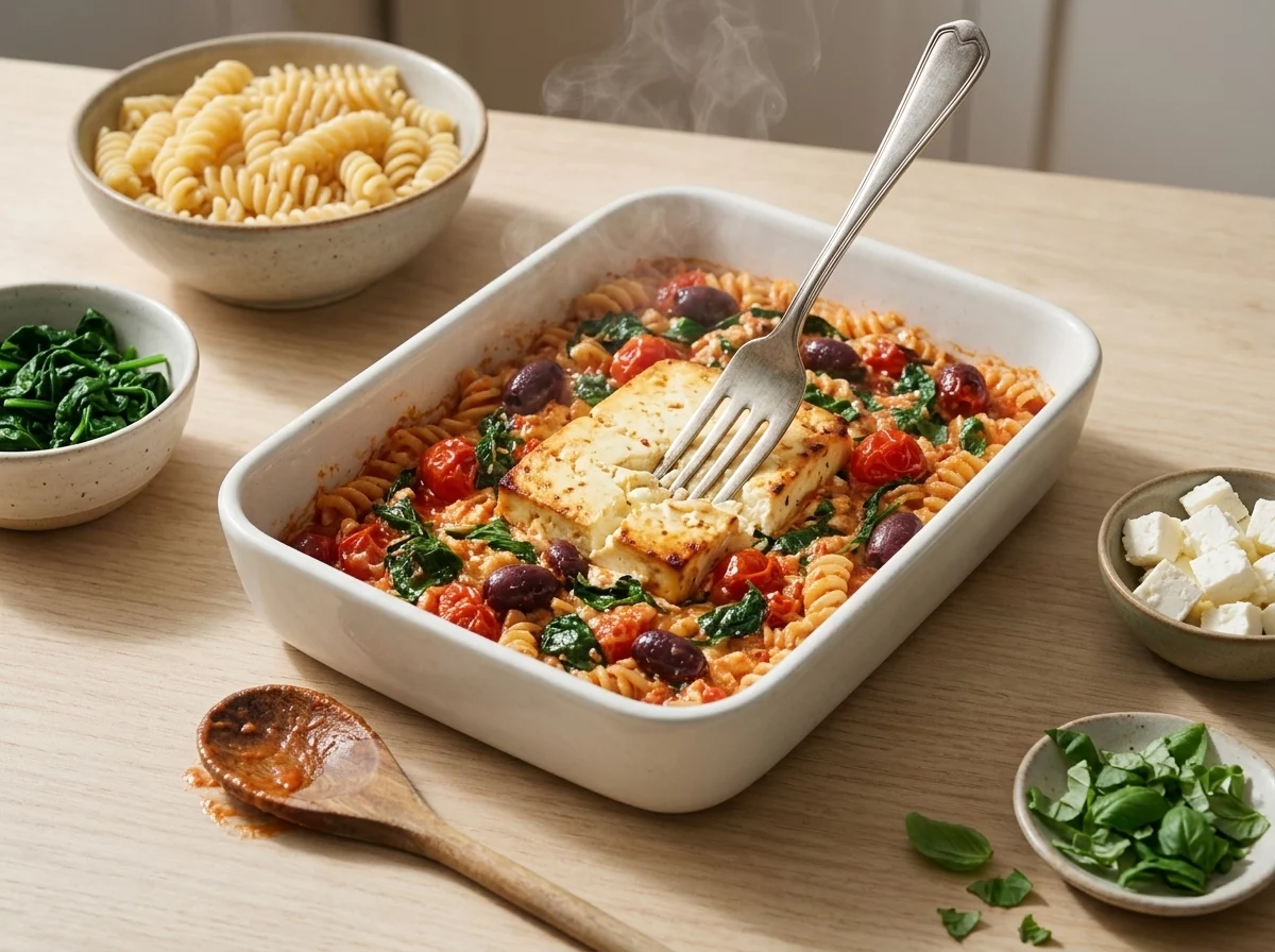 Fork mashing a soft, oven-baked feta block into burst cherry tomatoes and olives in a baking dish