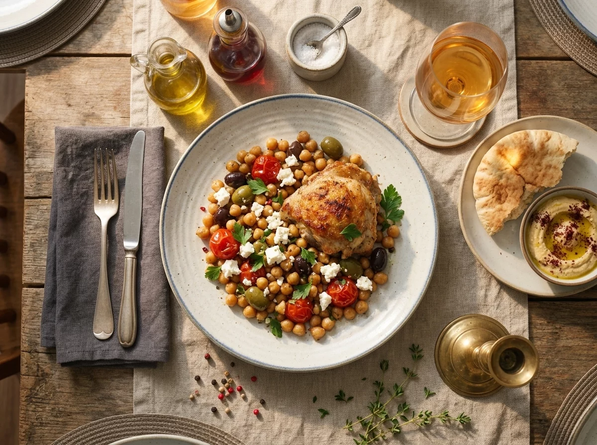 A hand spooning chicken and chickpeas from the sheet pan onto a plate beside pita bread and a glass of wine
