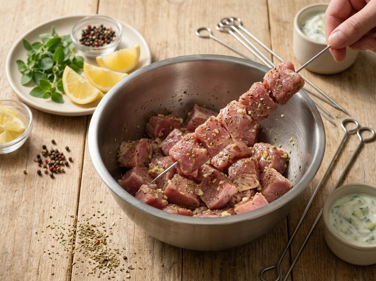 Raw marinated pork cubes threaded onto metal skewers over a stainless bowl with garlic and oregano visible.