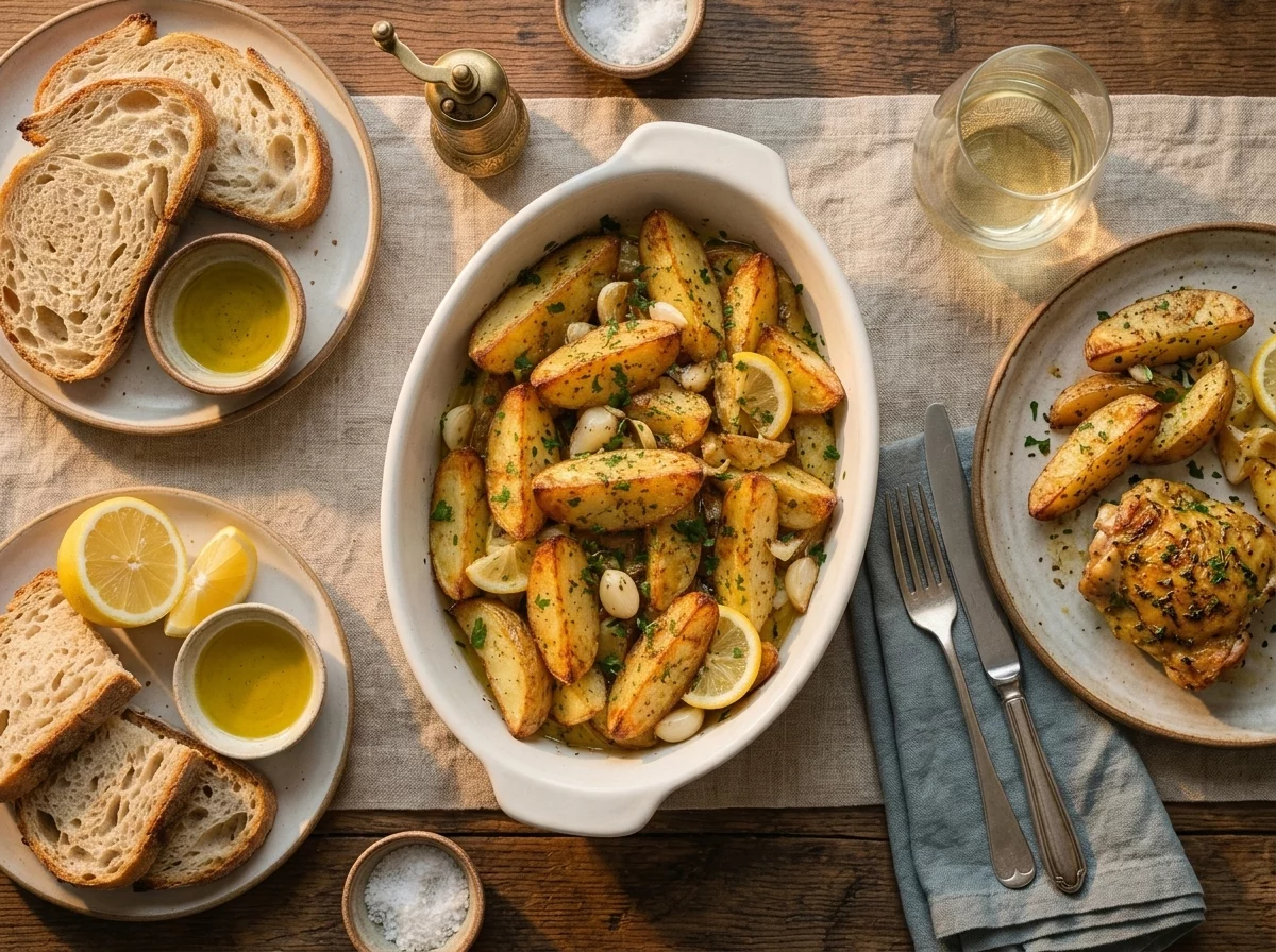 Table set with Greek lemon potatoes served alongside grilled chicken, linen napkins, and a glass of wine in warm evening light.
