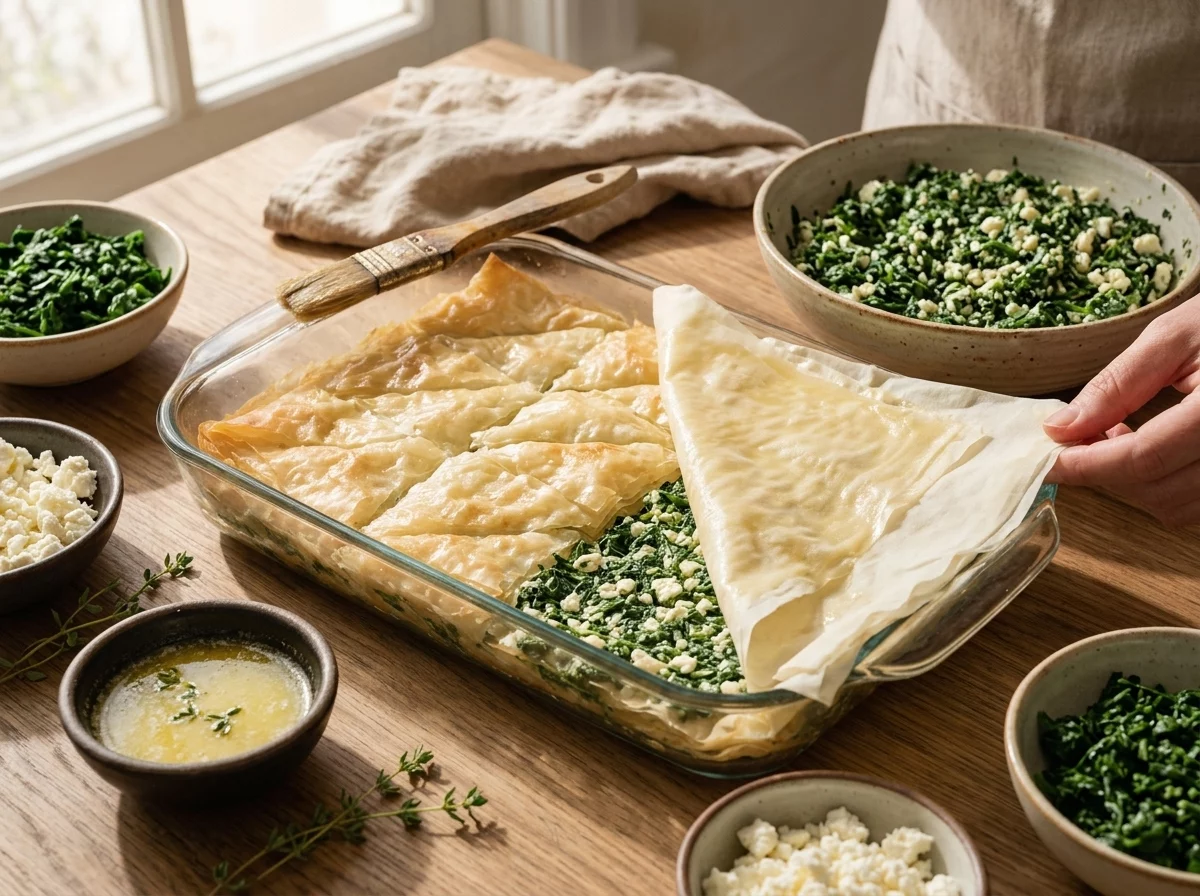 Hands layering butter-brushed phyllo sheets over a glass baking dish next to a bowl of spinach and feta filling