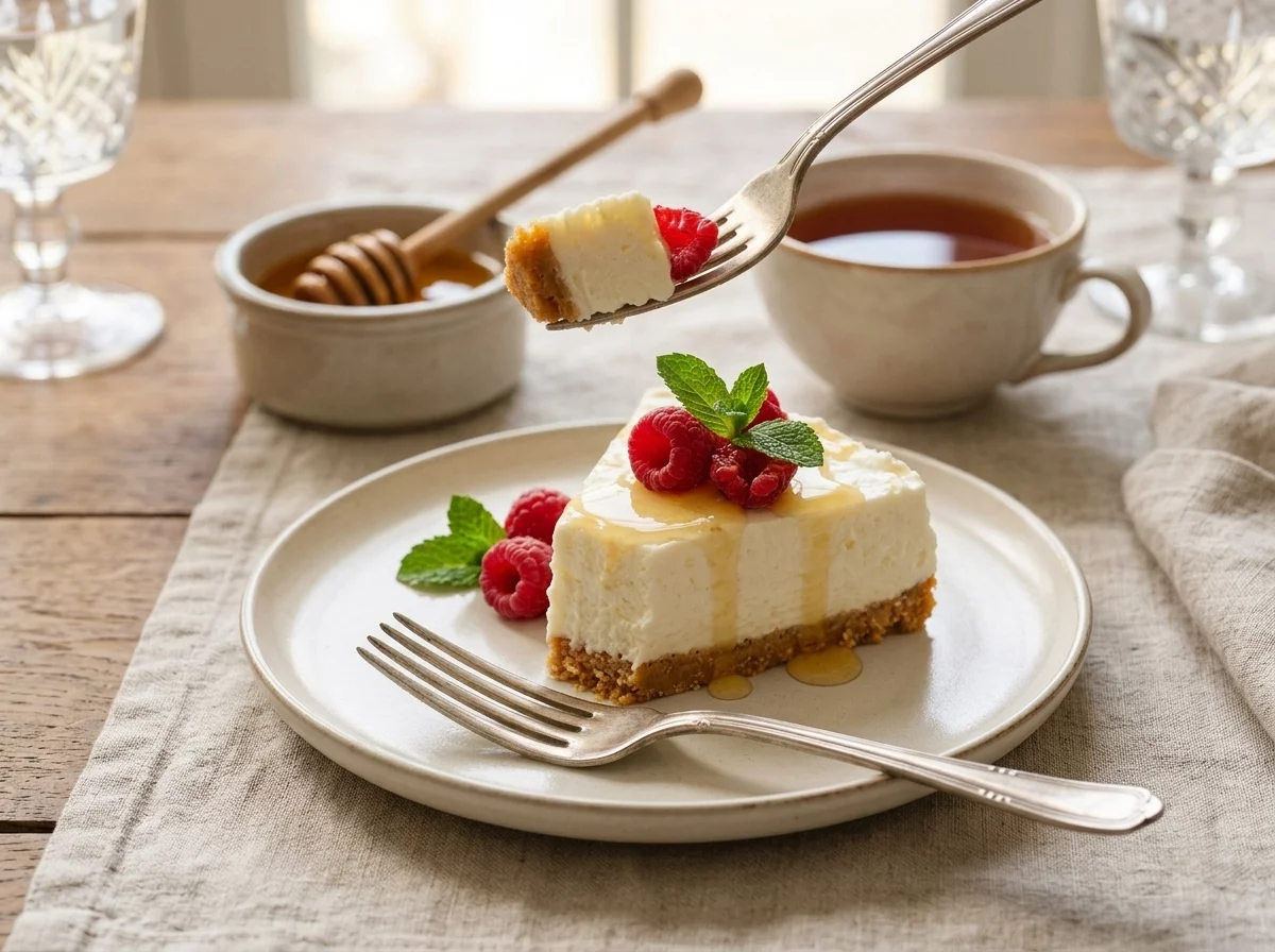 A slice of honey Greek yogurt cheesecake on a small plate next to a cup of tea and a linen napkin.