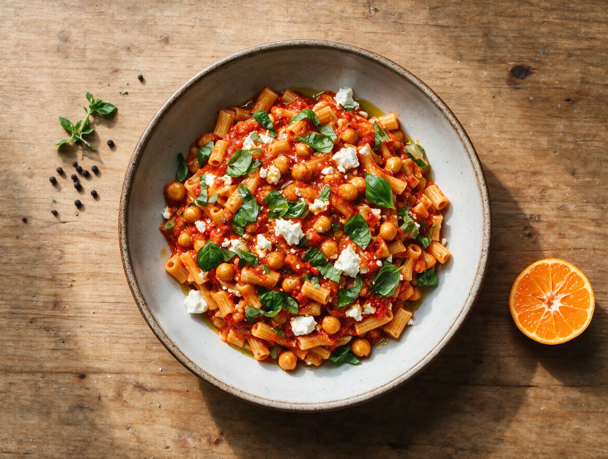 Bowl of roasted pepper chickpea pasta topped with crumbled feta and torn basil on a rustic wooden table