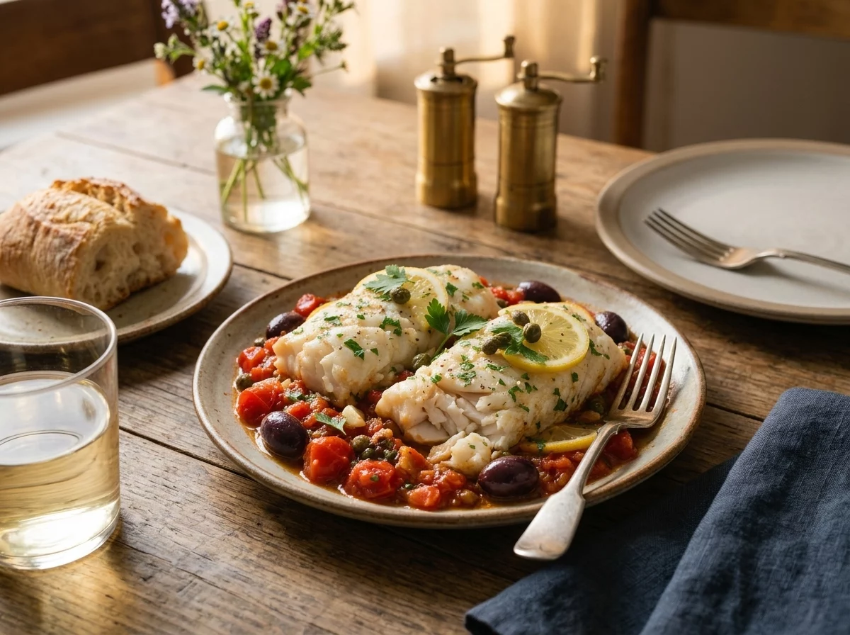 A wooden table set with a plate of baked cod, crusty bread, a glass of white wine, and a linen napkin nearby