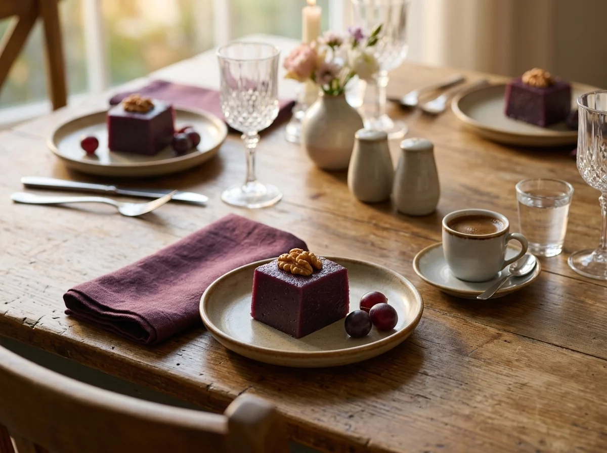 A plate of palouzes pudding with walnuts on top, set on a wooden table beside a small cup of coffee and a linen napkin.