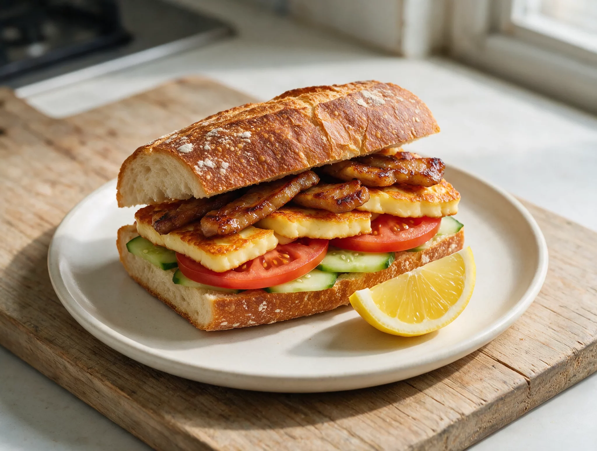 Pan-Fried Cypriot Lountza and Halloumi Sandwich