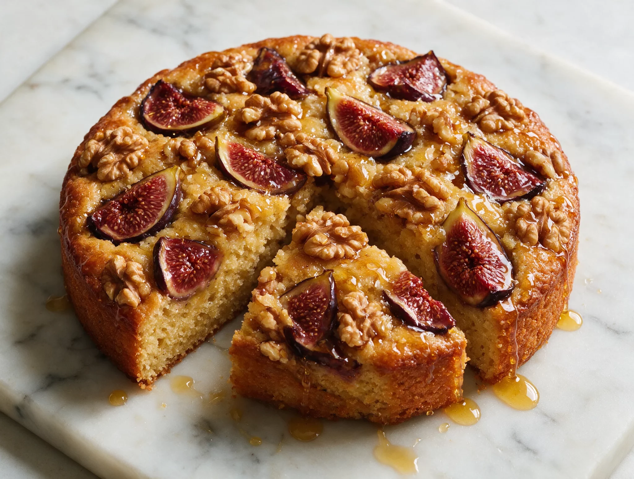 Rustic Fig and Walnut Olive Oil Cake with Honey Glaze