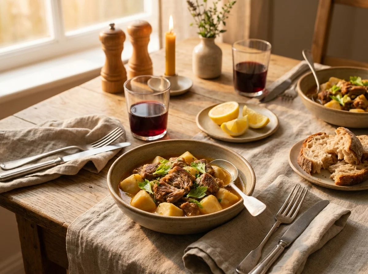 Two bowls of kolokasi and pork stew on a linen tablecloth with torn bread and a glass of red wine
