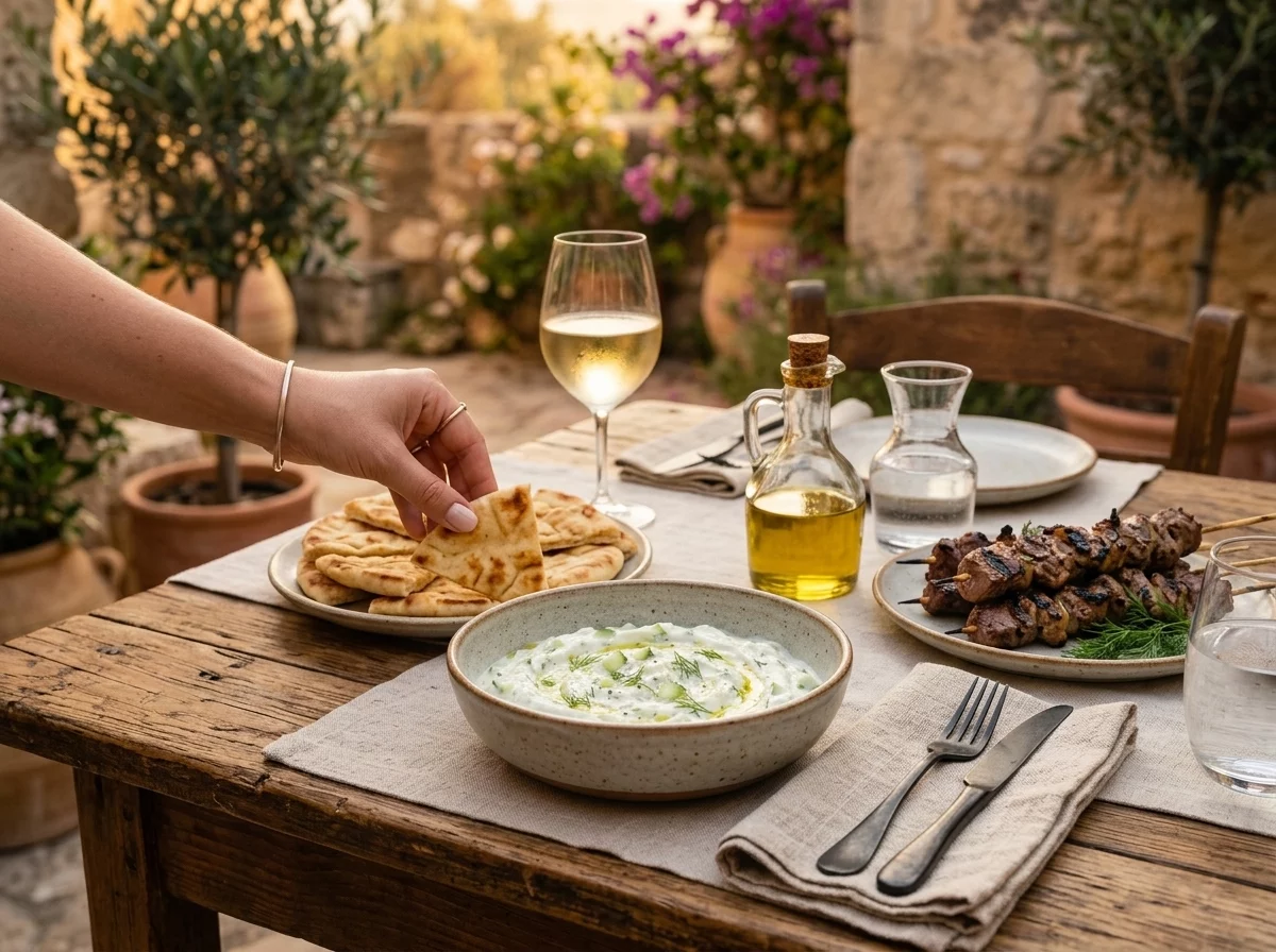 A linen-covered table with pita wedges, grilled skewers, and a bowl of tzatziki beside a glass of white wine.