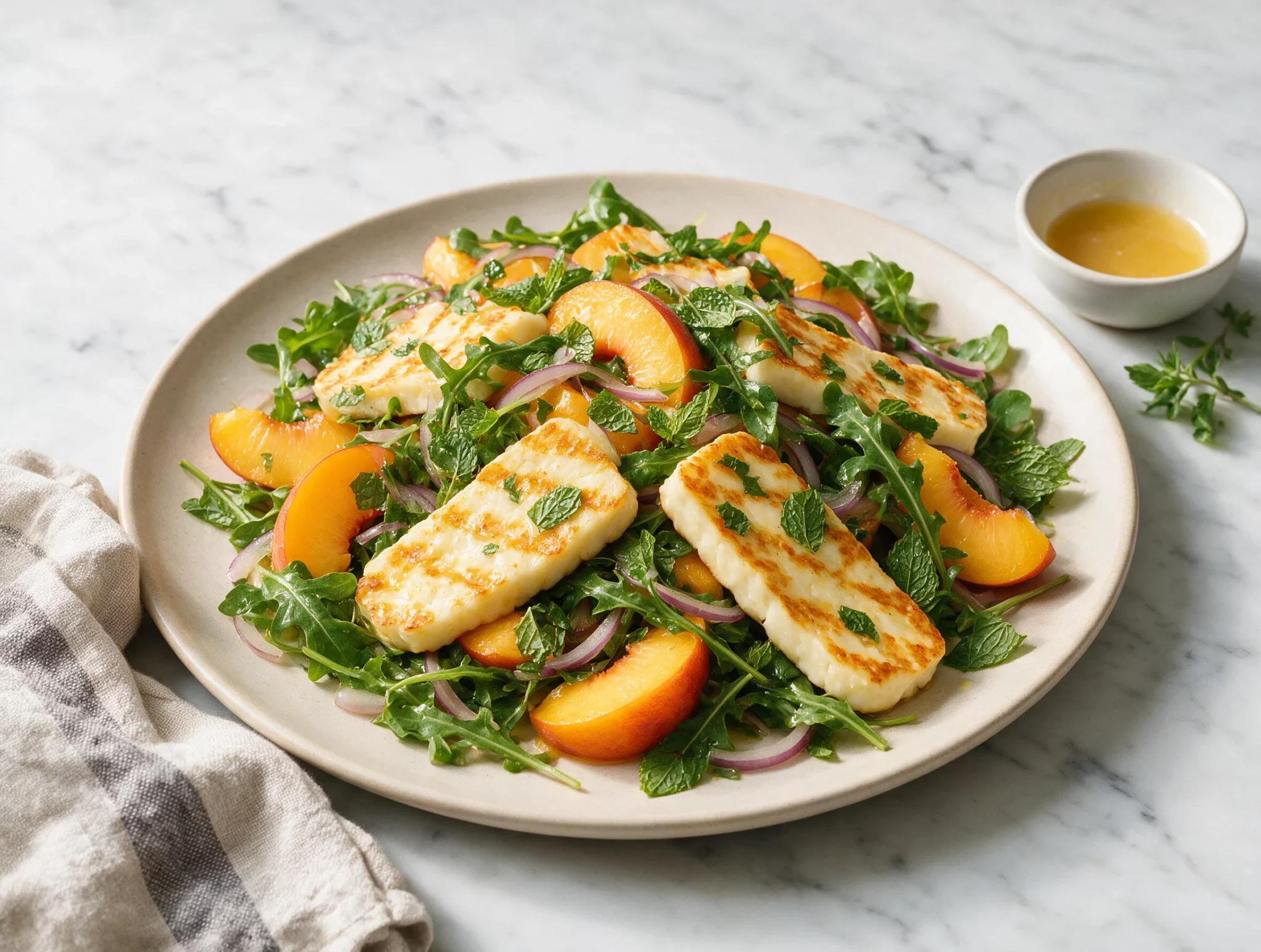 Overhead view of seared halloumi and peach salad with golden cheese slices and torn mint on a wide ceramic platter