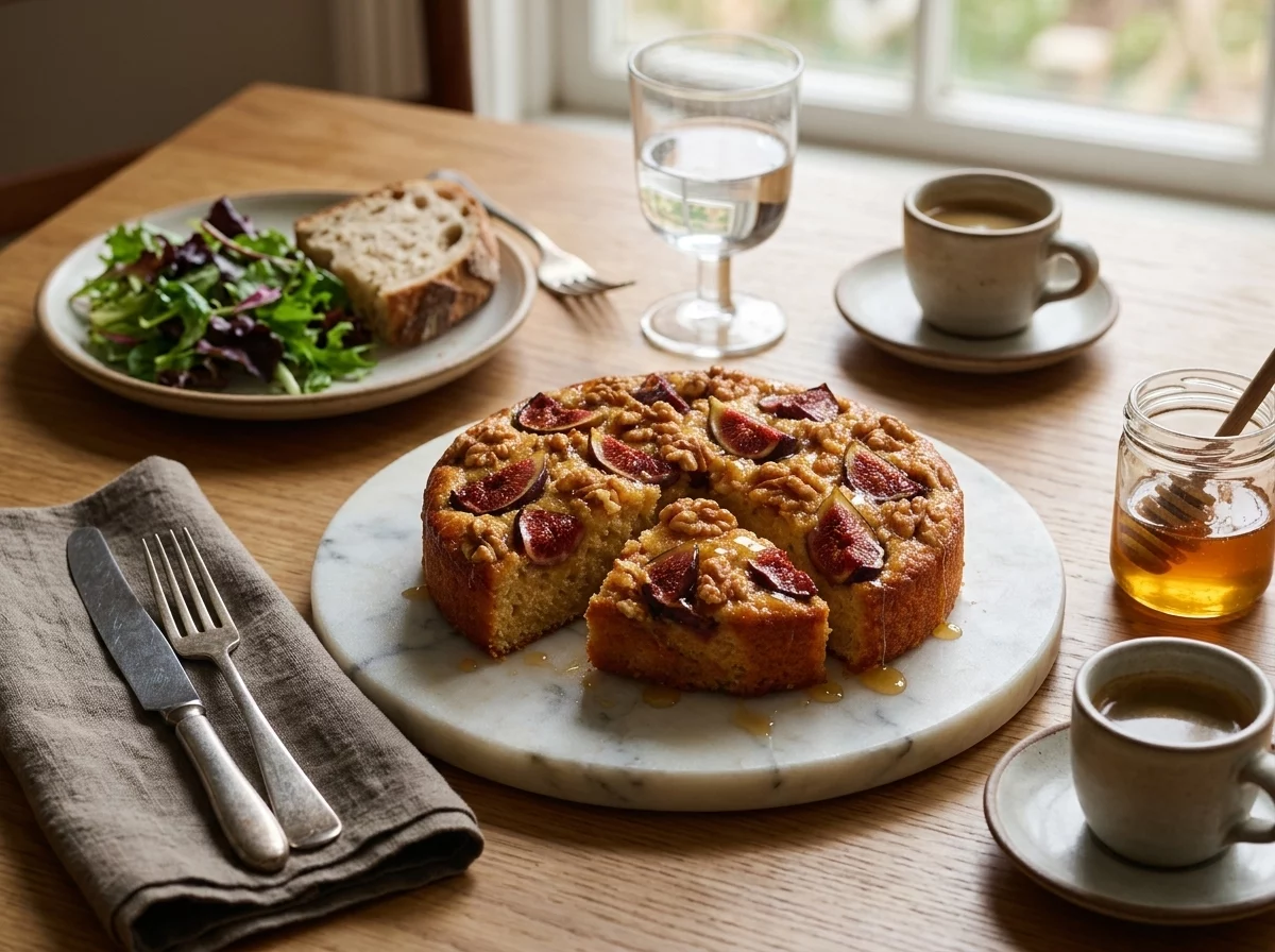 Two plates with cake slices and small cups of espresso on a wooden table, linen napkin folded beside them.