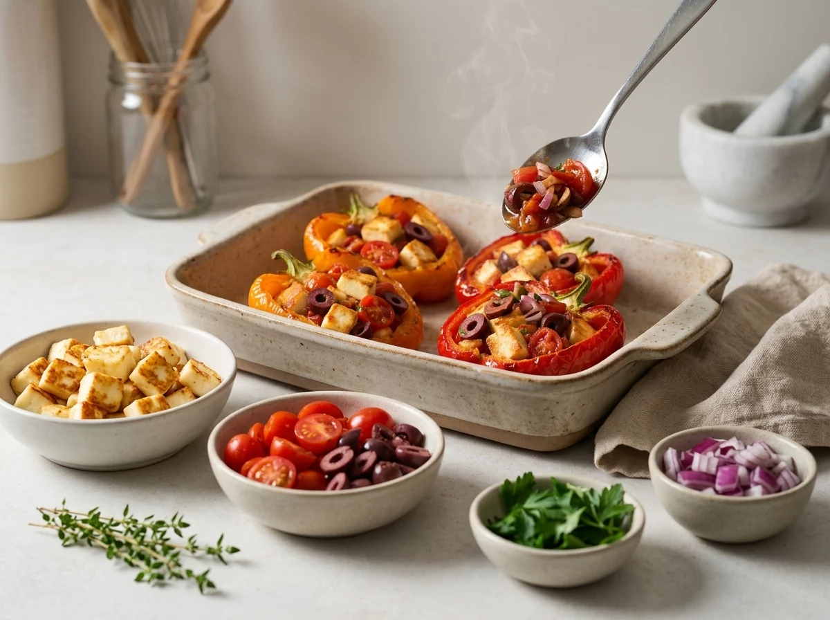 Hand spooning tomato, olive, and onion filling into roasted pepper halves inside a ceramic baking dish before the final bake