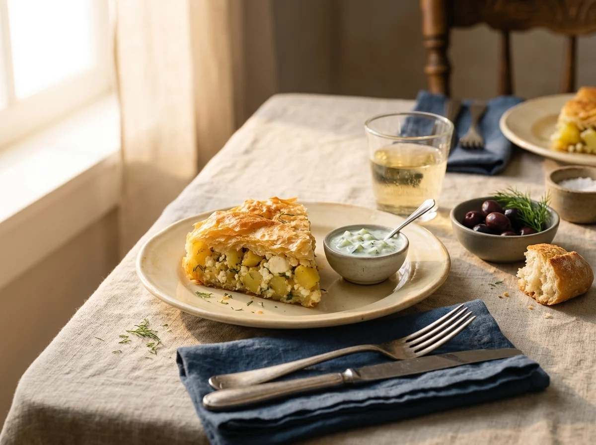 A plate with a warm slice of potato and feta pie next to a small bowl of tzatziki and lemon wedge.