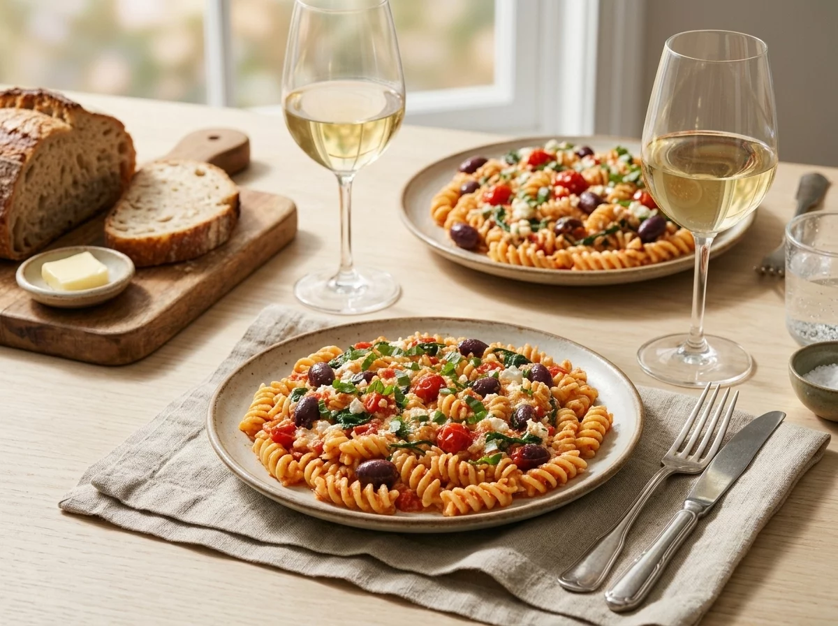 Two plates of feta pasta with olives and spinach on a linen napkin next to a glass of white wine and bread