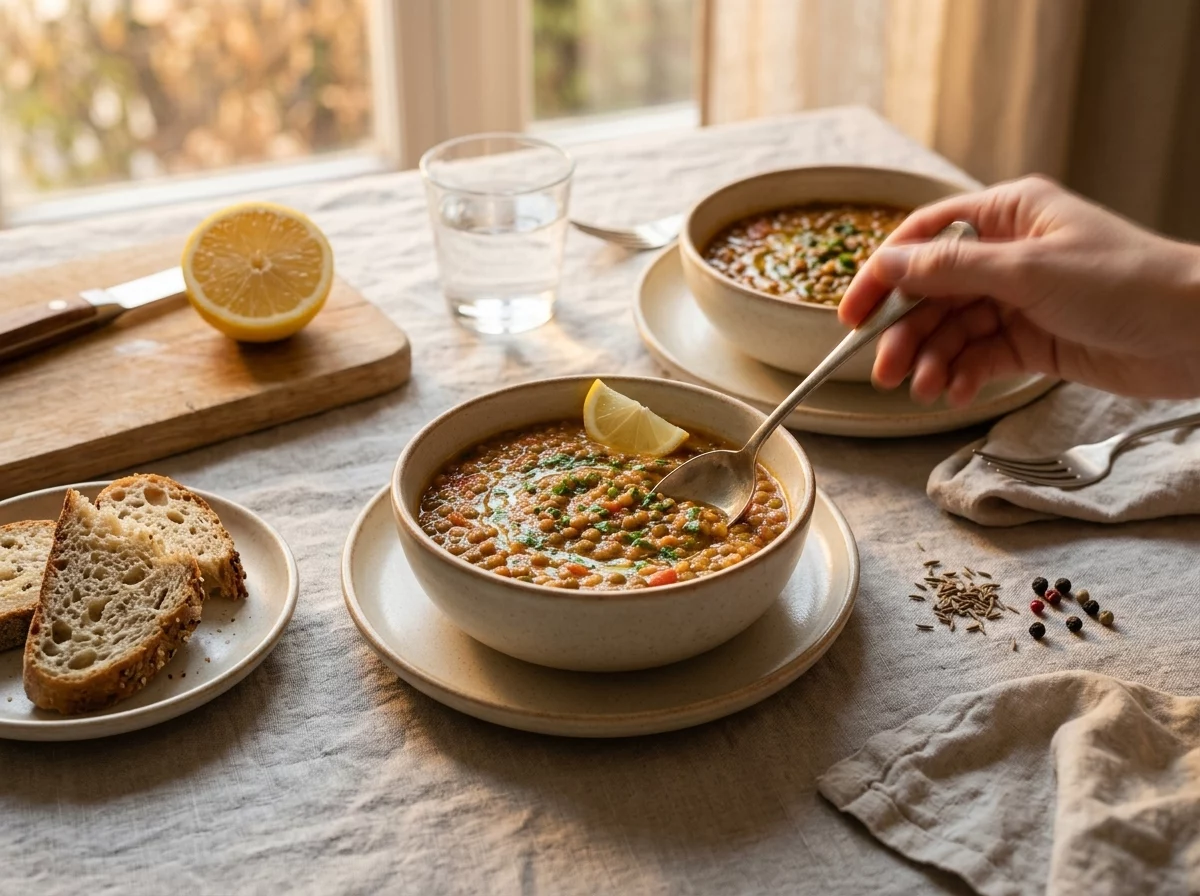 Two bowls of lentil soup with crusty bread and lemon wedges on a linen-covered table at lunchtime