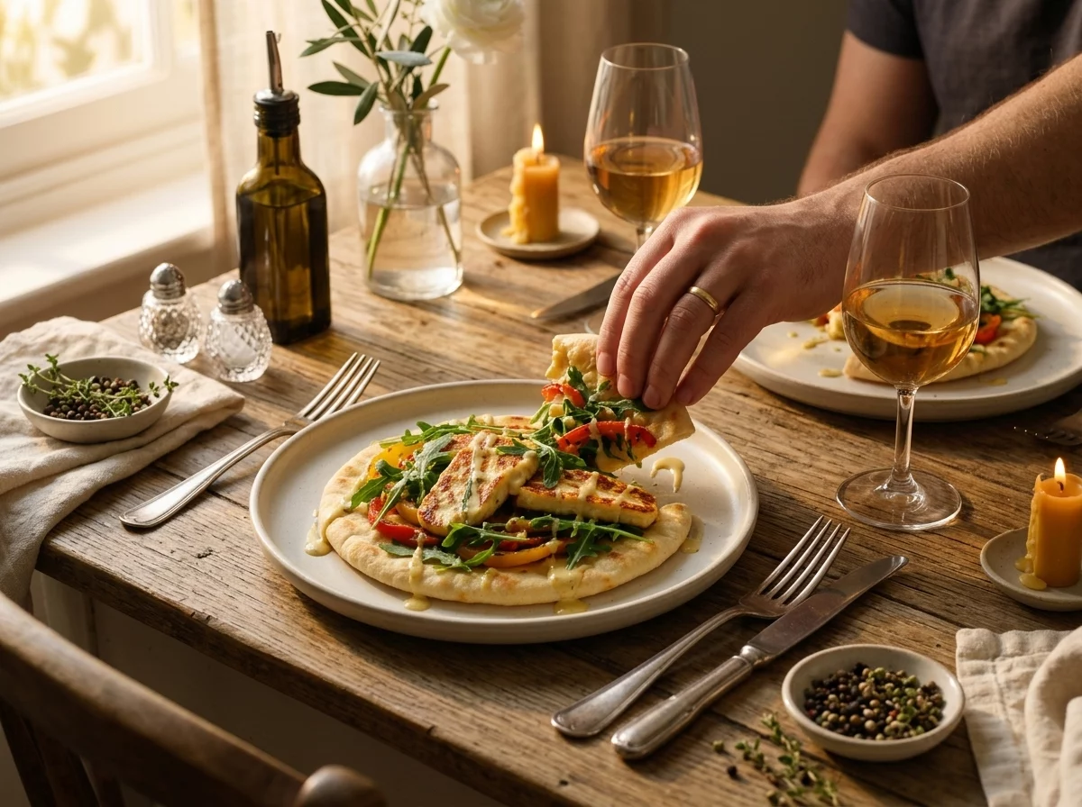 Hands tearing a warm halloumi flatbread at a rustic table set with a linen napkin and olive oil bottle