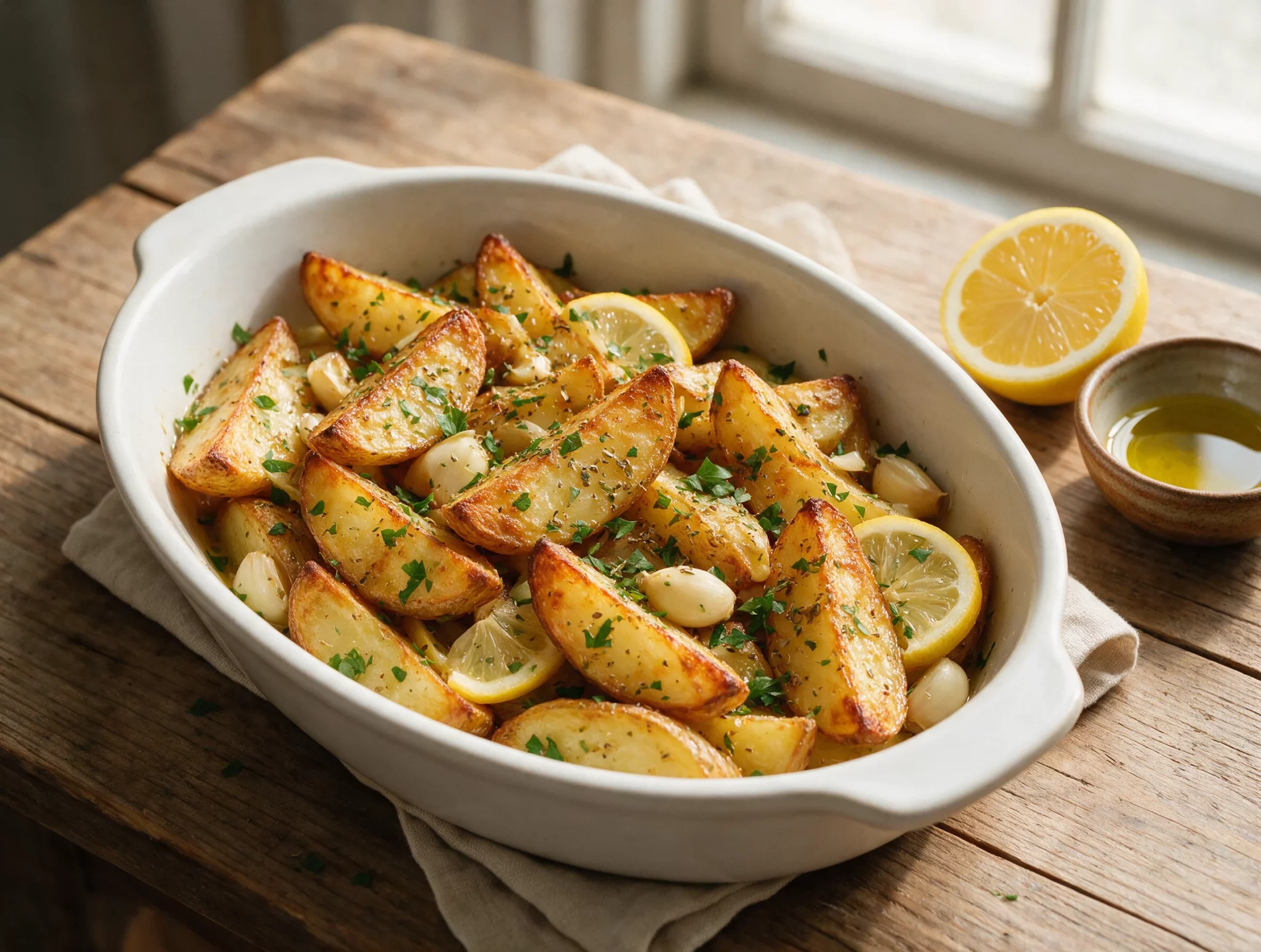 Greek Lemon Potatoes with Crispy Roasted Edges and Herbs