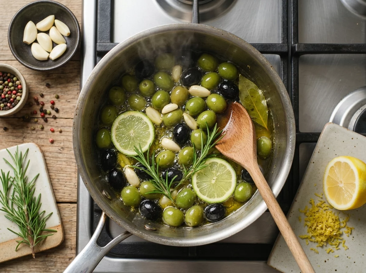 Close-up of sliced garlic and rosemary sizzling gently in olive oil in a small saucepan with steam rising on the stove.