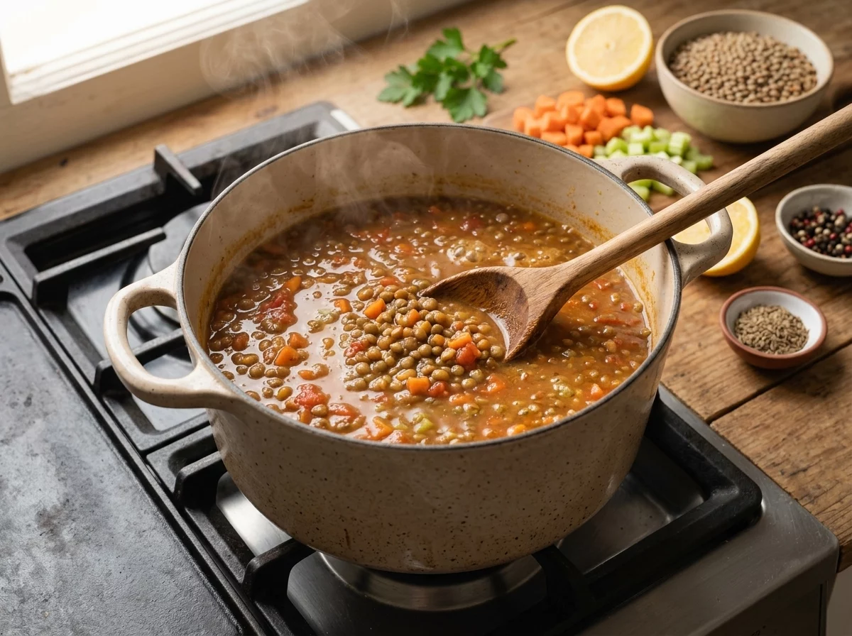 Wooden spoon stirring simmering lentils, carrots, and crushed tomatoes in a Dutch oven on the stovetop