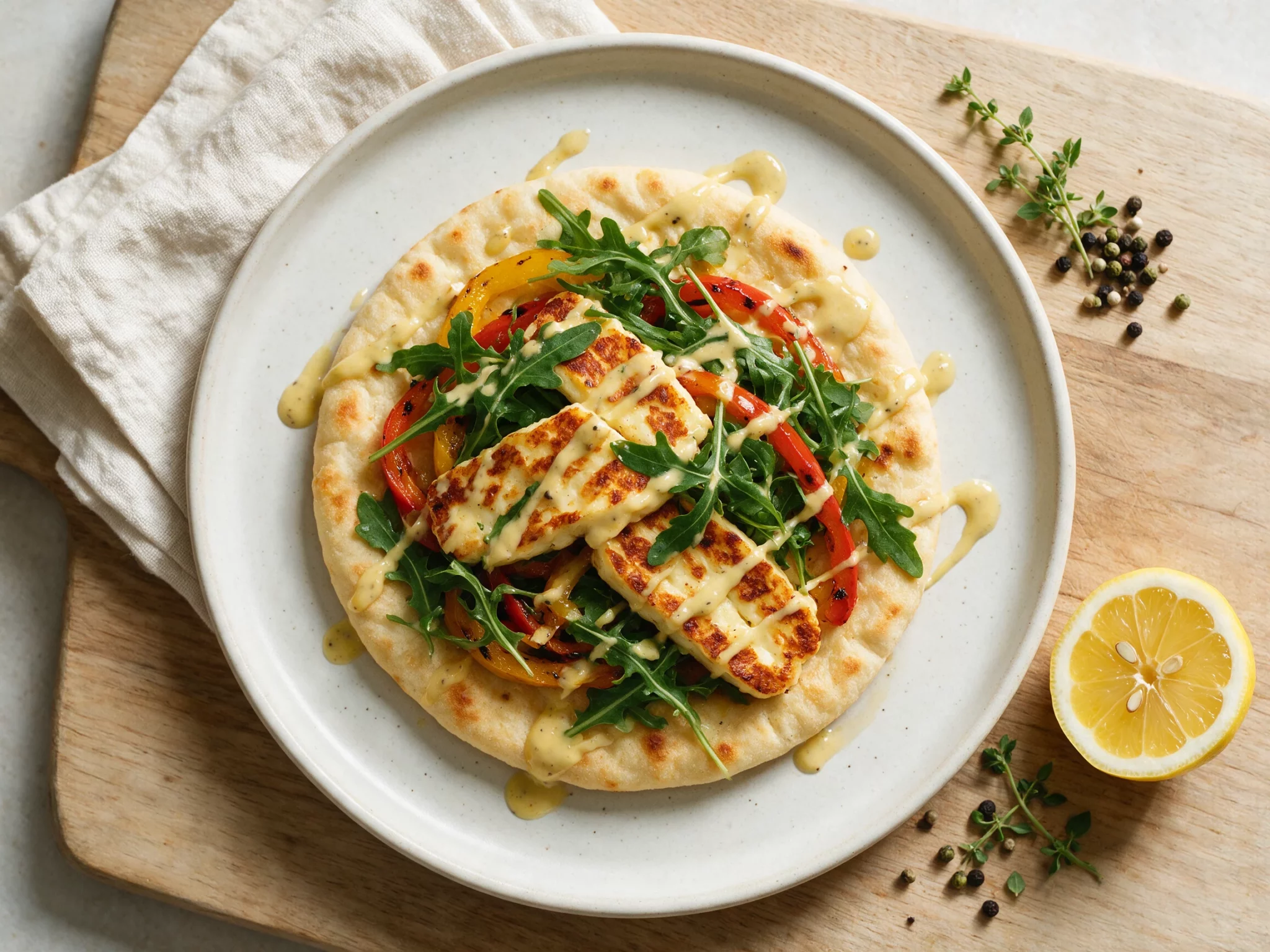 Roasted Halloumi and Pepper Flatbreads with Arugula