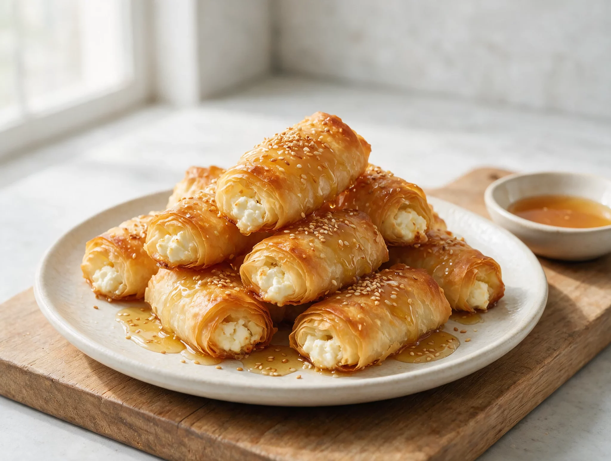 Crispy Baked Phyllo Feta Rolls with Honey and Sesame