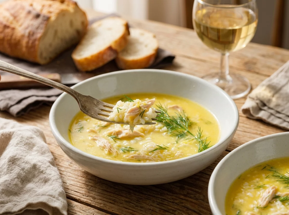 Two bowls of Greek lemon chicken soup on a wooden table with crusty bread, a lemon wedge, and a linen napkin nearby.