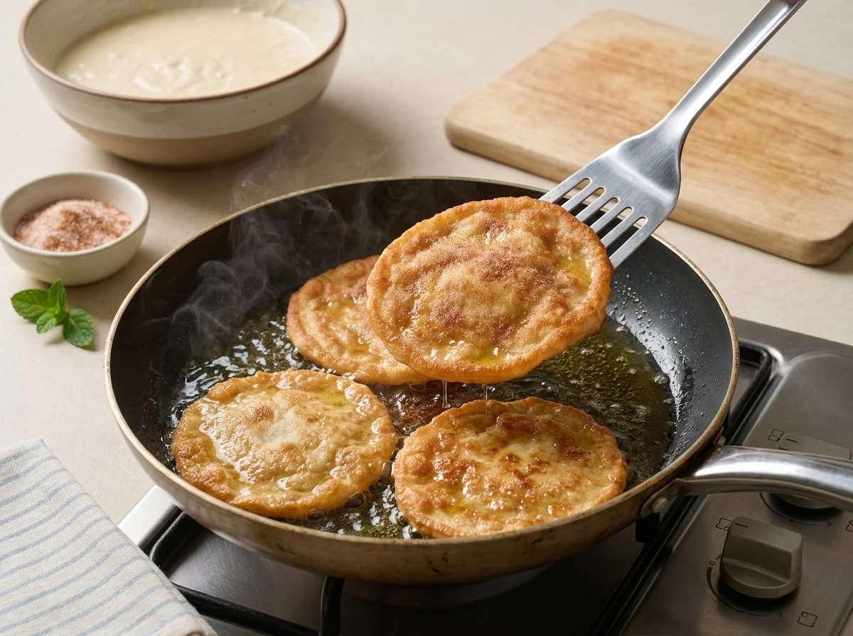 Katimeria batter bubbling in a skillet of olive oil, edges turning crisp and golden as it fries