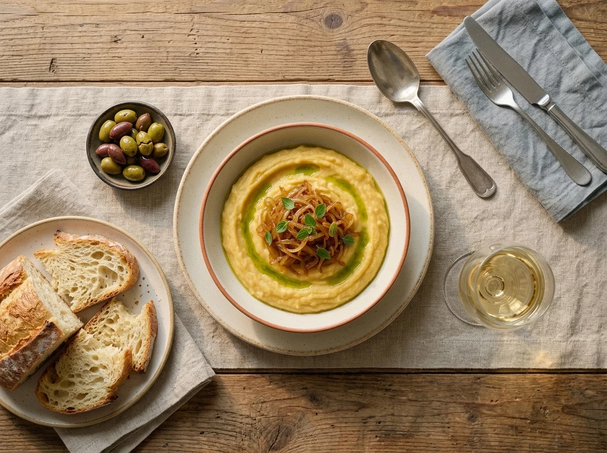 A rustic table set with a bowl of Greek fava, crusty bread, olives, and a glass of white wine in afternoon light.