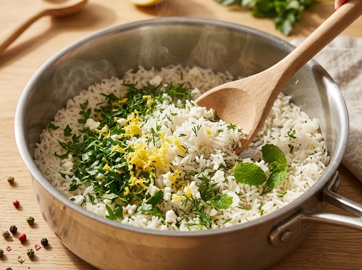 Wooden spoon stirring lemon zest and chopped herbs into steaming rice in a saucepan on the stove.