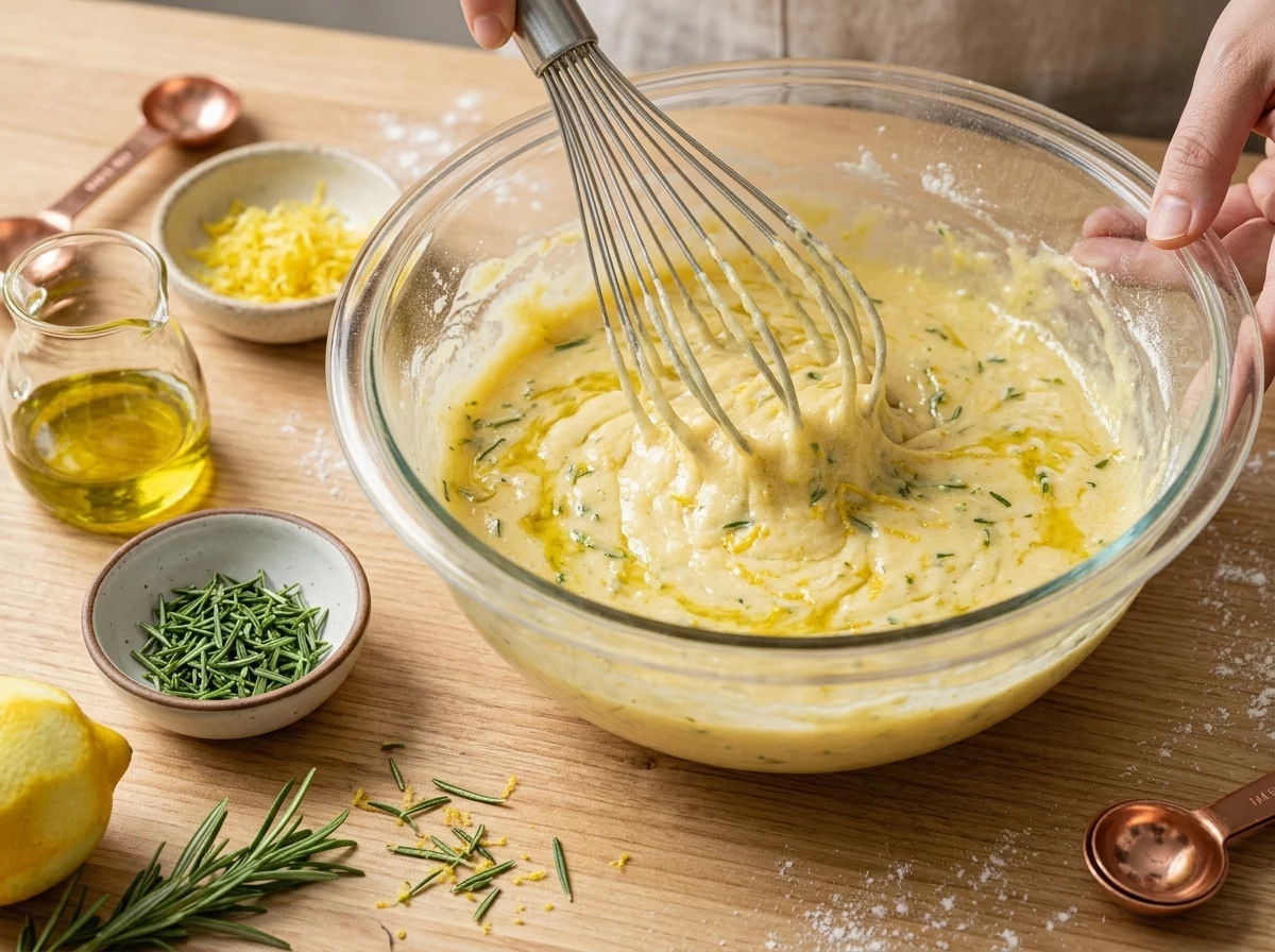 Whisk folding flour and rosemary into pale batter in a glass bowl on a wooden kitchen counter