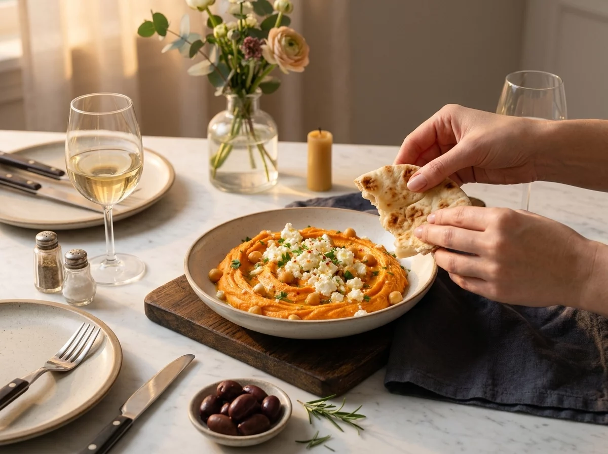 Hands tearing warm pita over a wooden board with carrot hummus, olives, and a glass of white wine