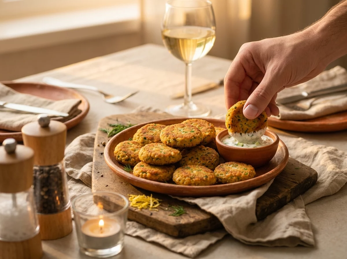 Hand dipping a warm chickpea fritter into tzatziki at a linen-set table with lemon halves and a glass of wine.