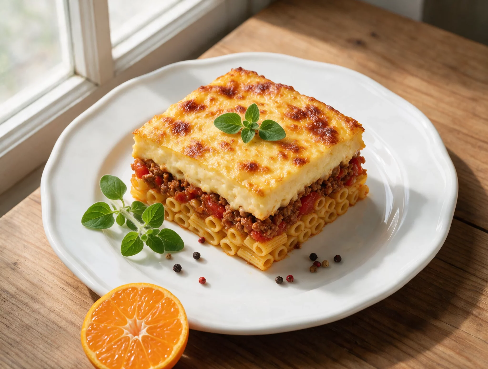 Golden baked Greek pastitsio square on a plate showing pasta, beef sauce, and bechamel layers up close.