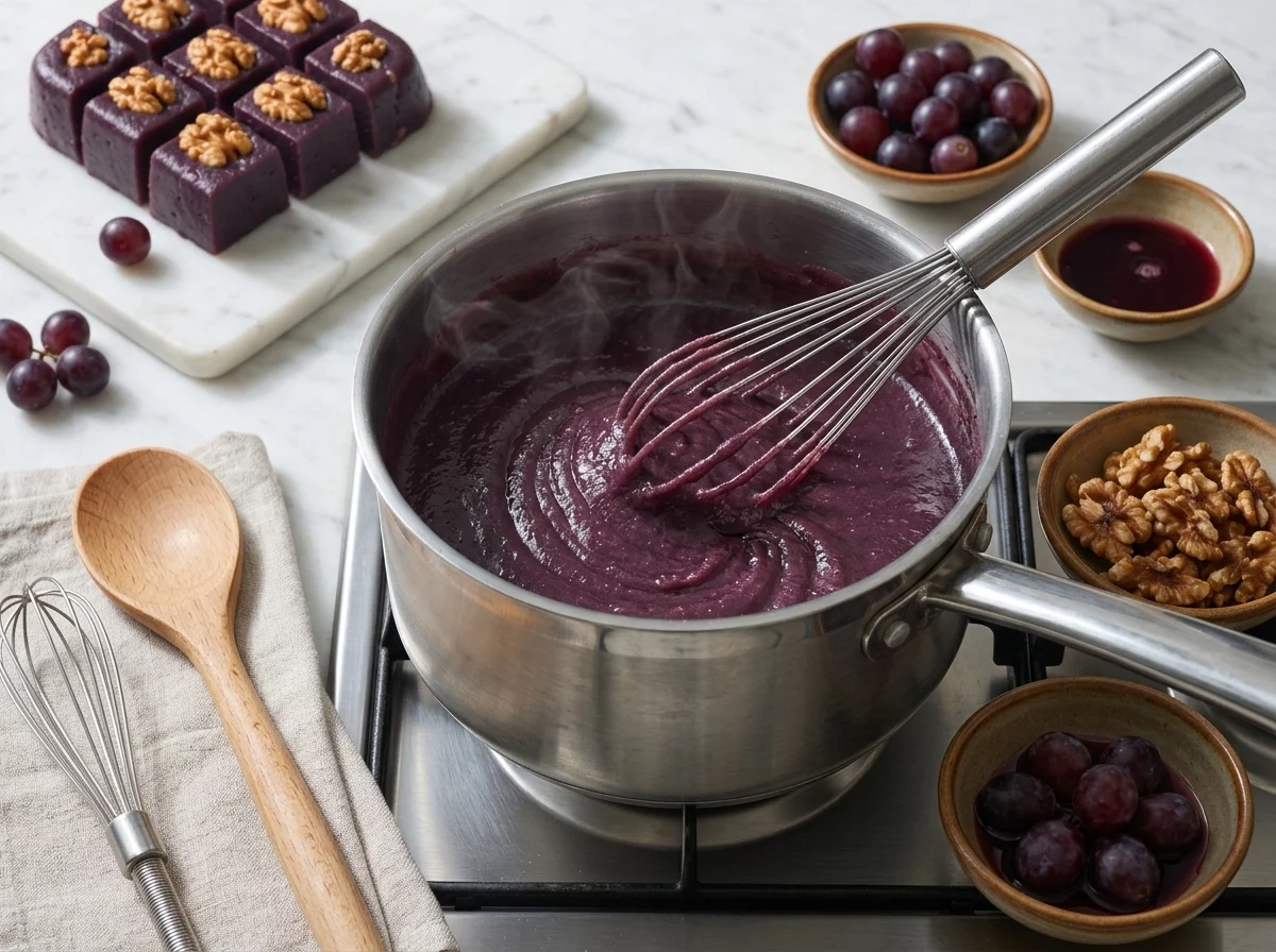 Thick grape pudding being whisked in a stockpot on the stove, steam rising as it thickens and pulls from the sides.