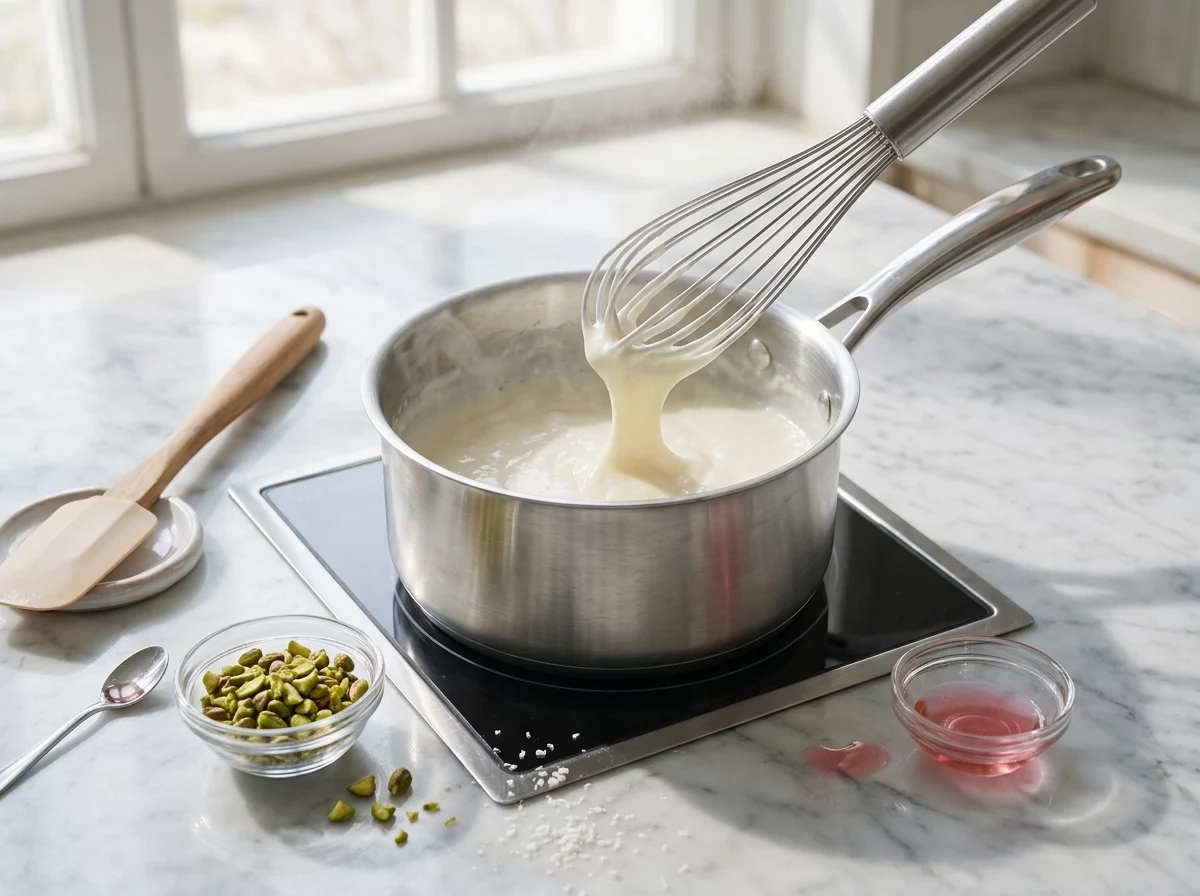 Cornstarch and milk mixture thickening in a saucepan, whisk lifting a thick ribbon of pale pudding.