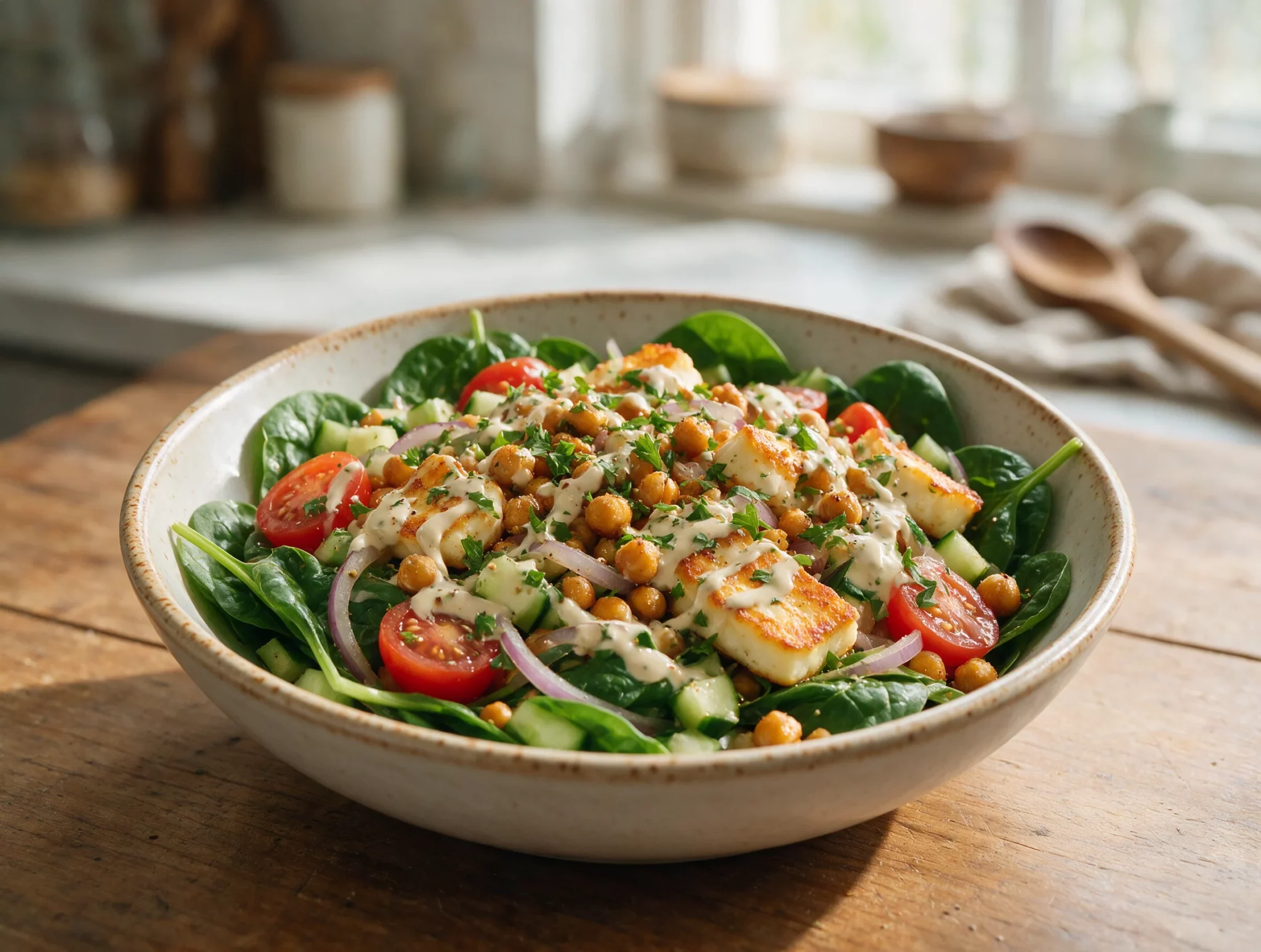 Crispy Pan-Fried Chickpea and Halloumi Bowls with Tahini