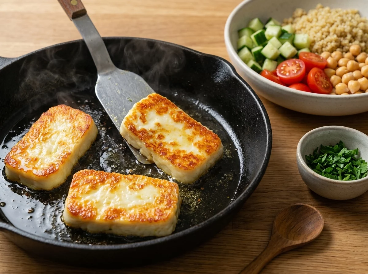 Halloumi slices sizzling and turning golden brown in a cast iron skillet with olive oil, tongs resting nearby.