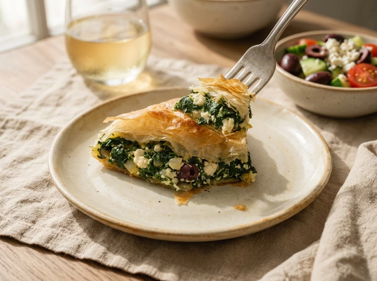A plated slice of spanakopita on a linen-covered table with a small Greek salad and a glass of white wine