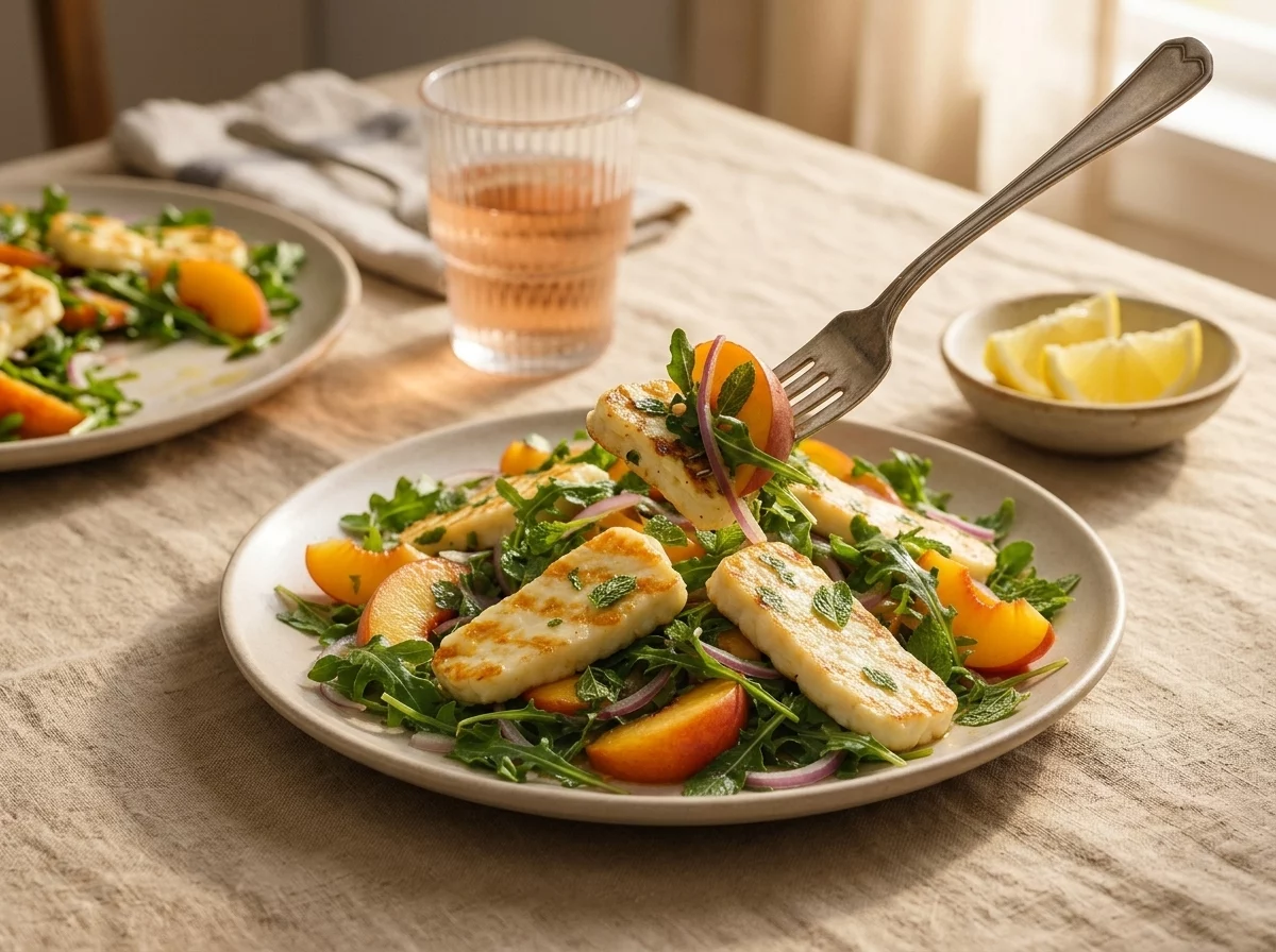 Two plates of halloumi and peach salad on a linen-covered table beside a glass of chilled rosé in warm afternoon light