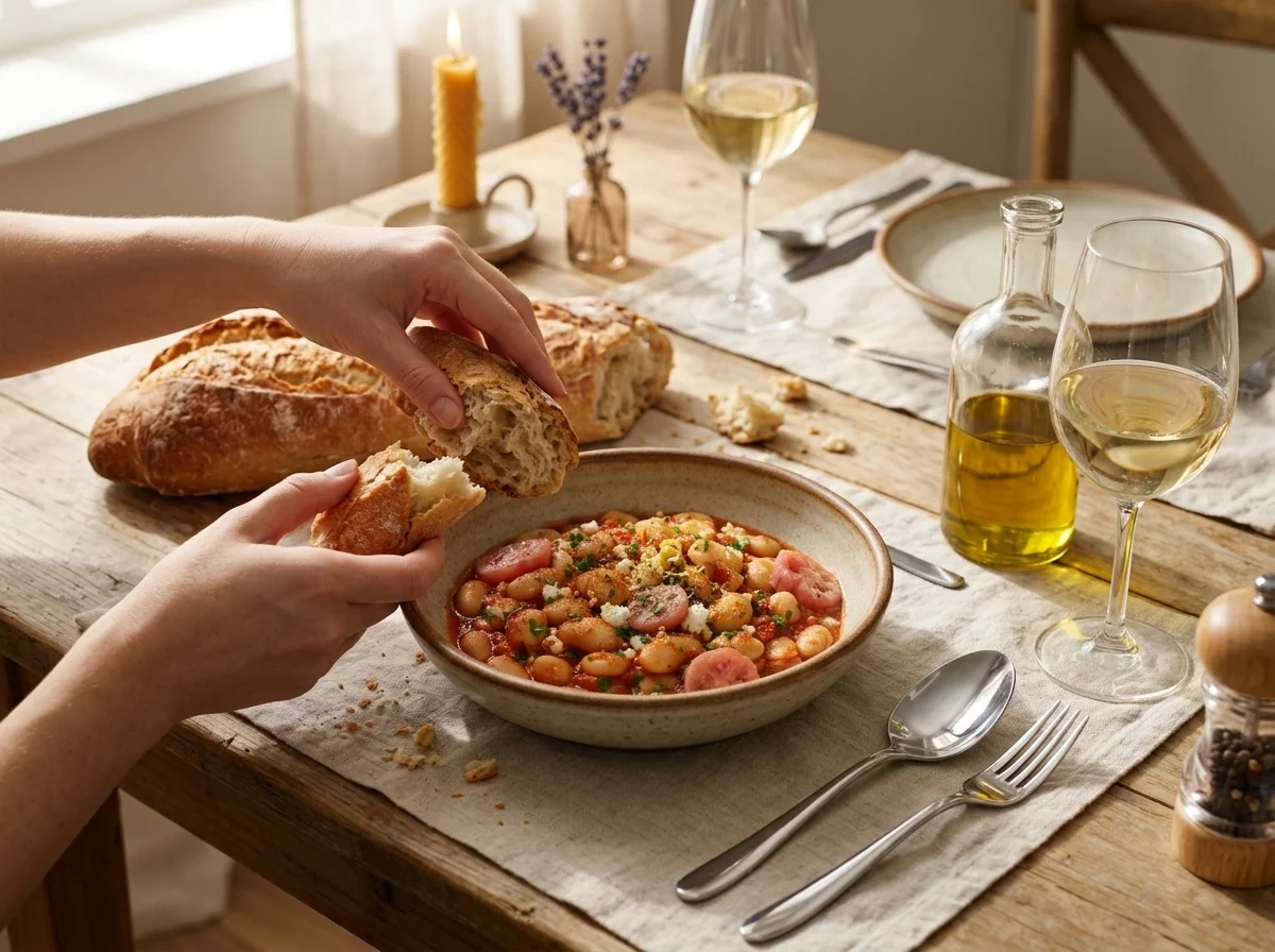 Hands tearing crusty bread beside a bowl of tomato bean stew at a table set with olive oil and wine