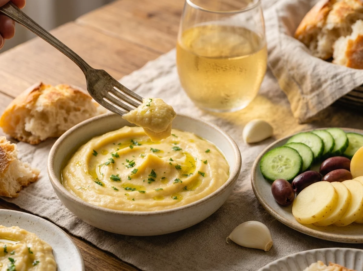 A hand dipping crusty bread into a bowl of skordalia at a linen-covered table with olives and a glass of white wine.
