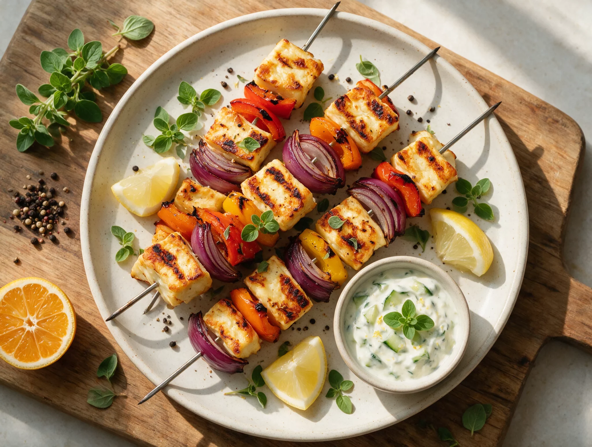 Smoky Grilled Halloumi Skewers with Peppers and Onion