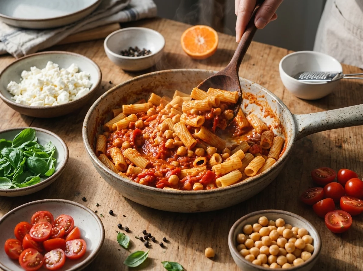 Red peppers blistering on a sheet pan next to a pot of boiling pasta, steam rising in a home kitchen