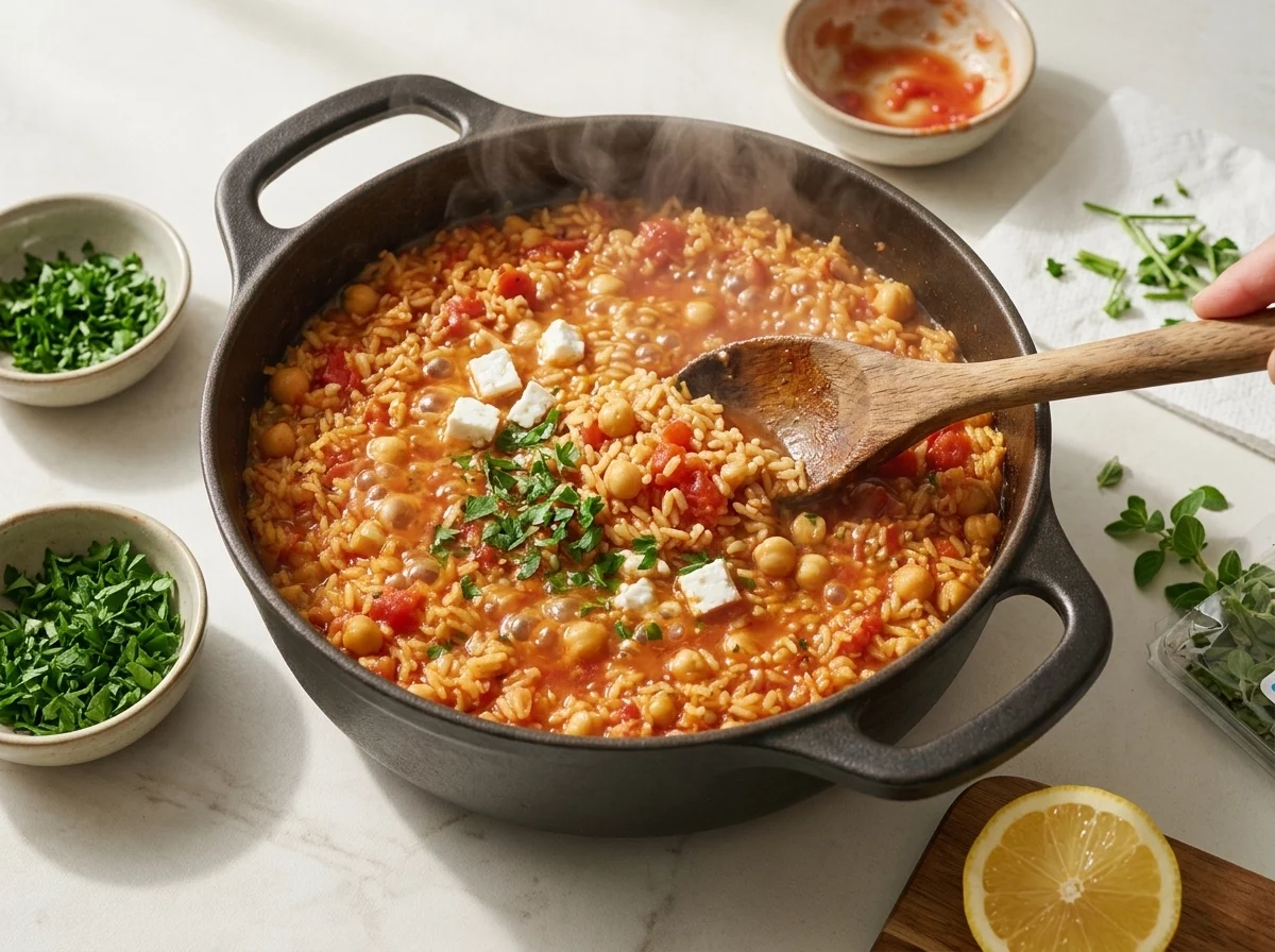 Wooden spoon stirring rice into simmering tomato sauce and chickpeas in a deep skillet on the stove