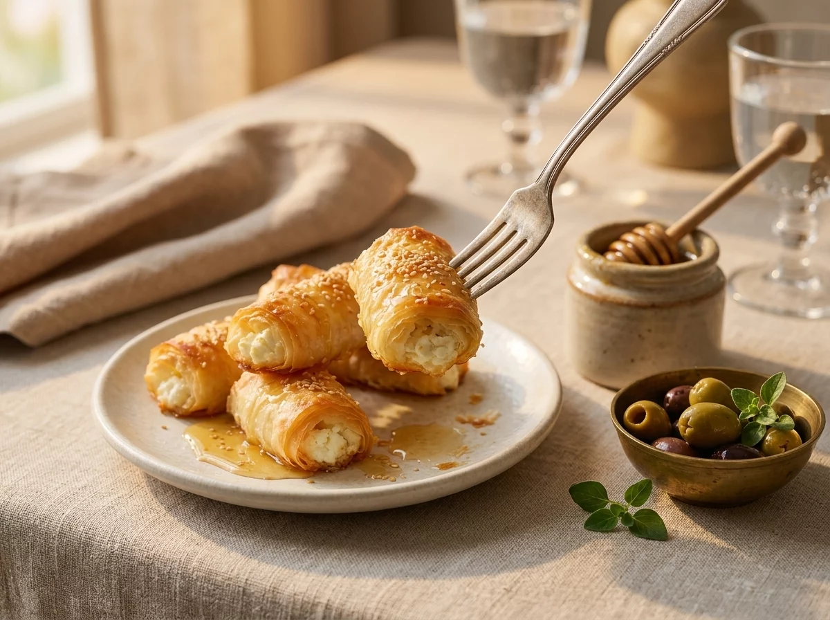 A linen-topped table with warm feta rolls, a small honey jar, and olives nearby at golden hour.
