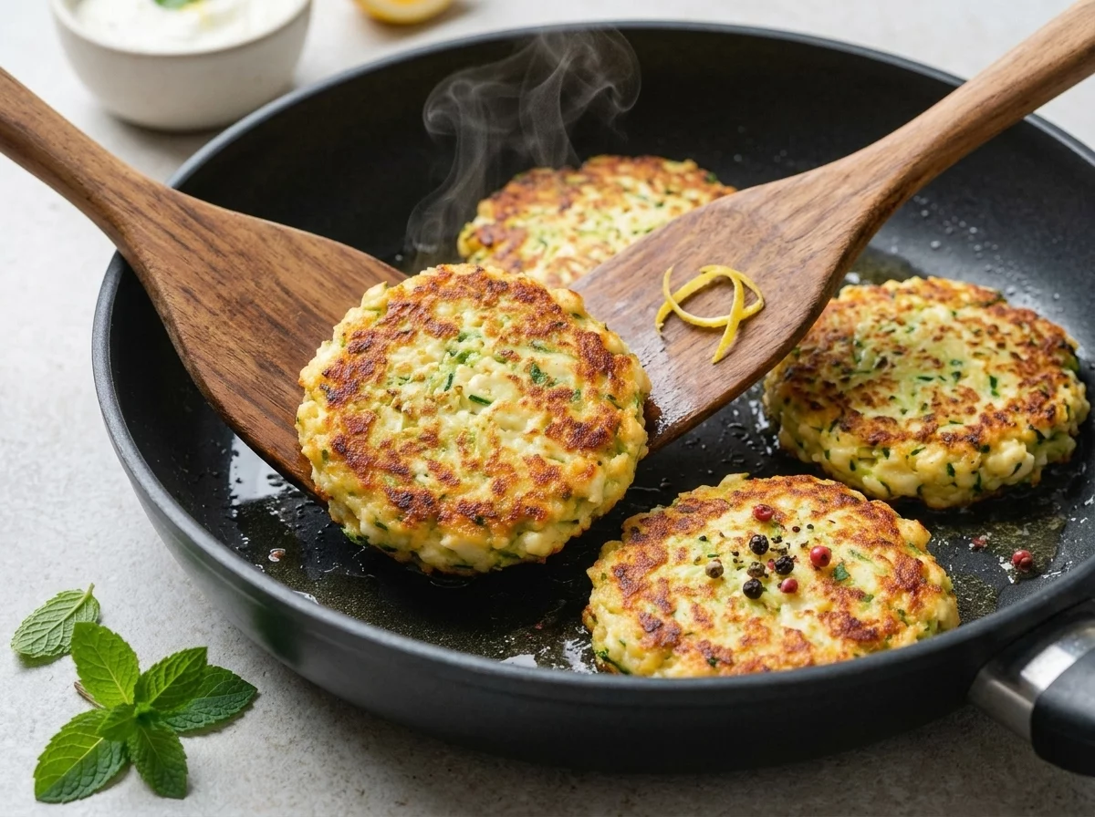 Four courgette and halloumi fritters browning in a nonstick skillet with a wooden spatula lifting one edge