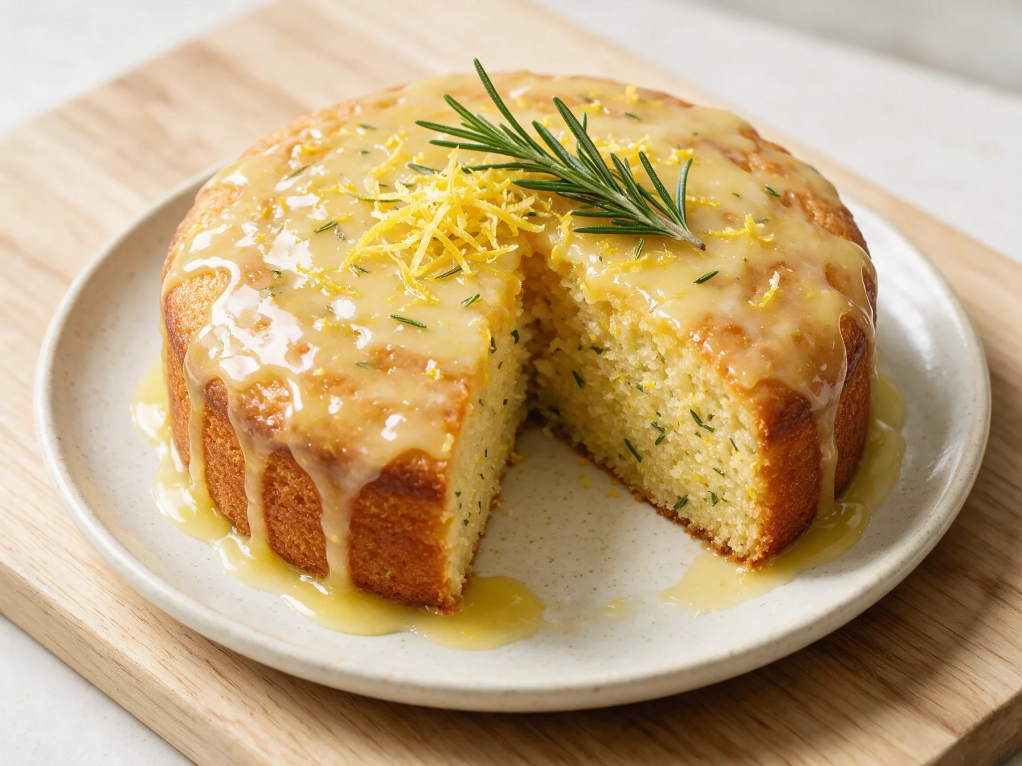 Sliced olive oil cake on a wooden board with lemon glaze dripping down the sides and a rosemary sprig on top