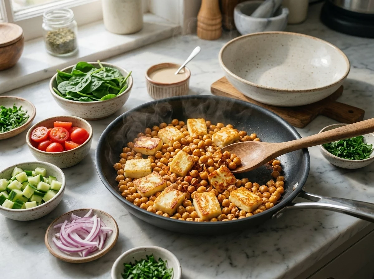Golden chickpeas sizzling in a nonstick skillet with smoked paprika and cumin, one halloumi cube frying beside them
